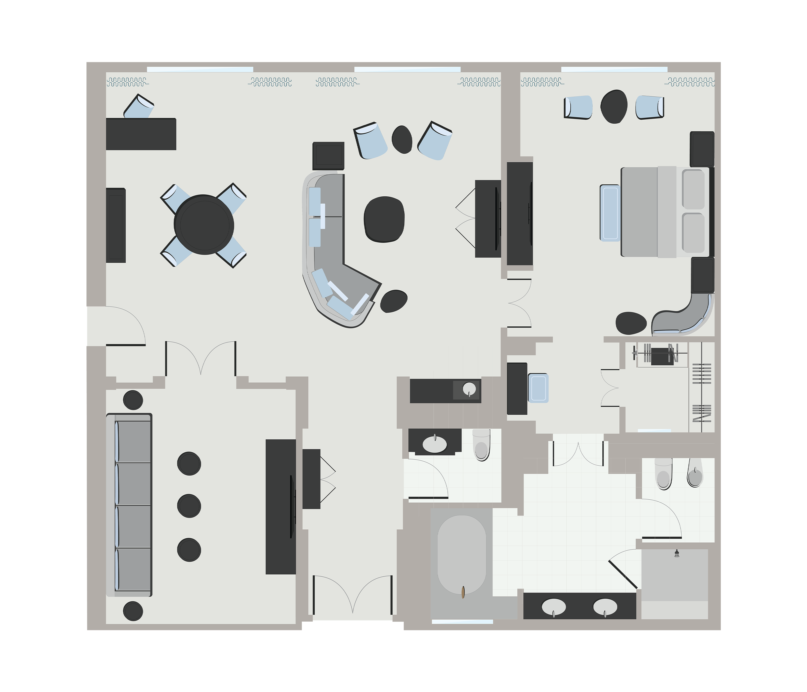 Floor plan graphic of a hotel room with a living room, one bedroom with a king bed attached to a walk-in closet and bathroom, and a theater room attached to the living room.