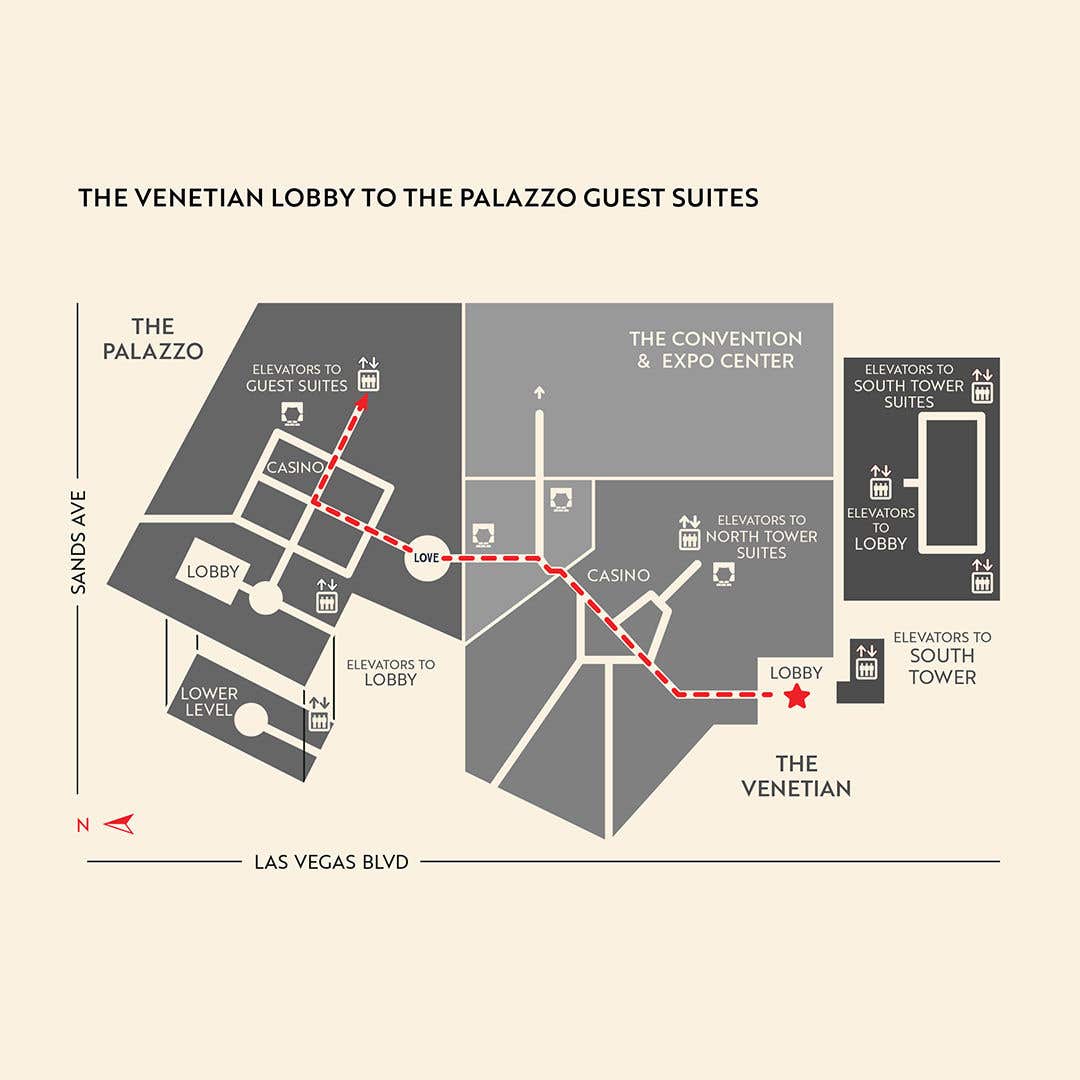 A map showing a red dashed lines to illustrate how to access the elevators to suites from a lobby