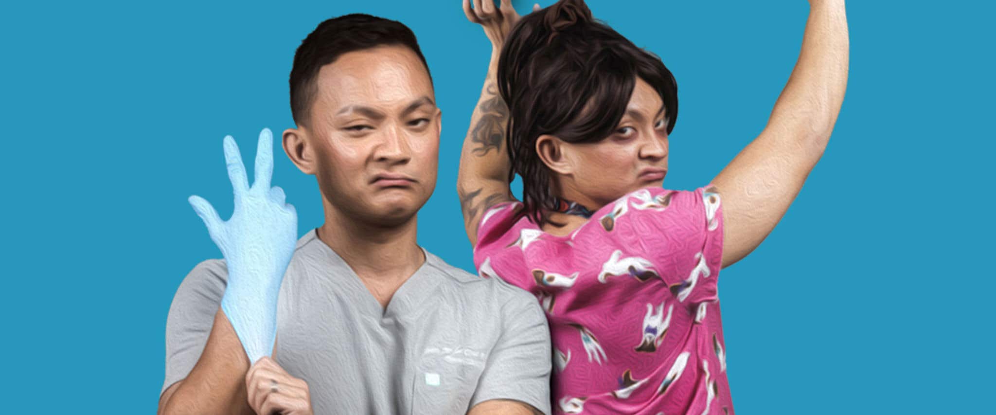 Nurse John in a gray top pulling a glove on and another image of him in a printed pink top with arms in the air next to the first image. 