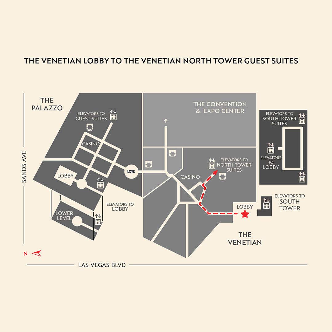 A map showing a red dashed lines to illustrate how to access the elevators to suites from a lobby