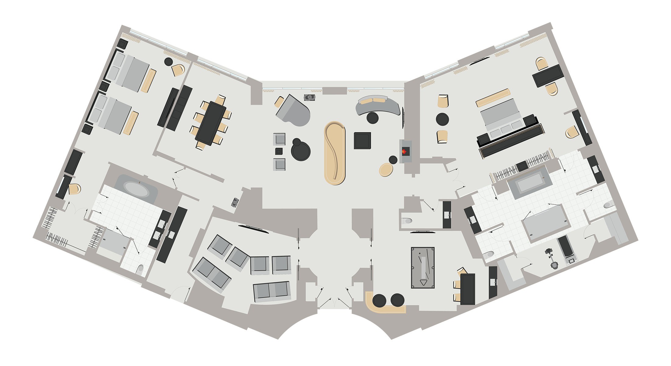 A hotel room floor plan graphic with two large bedrooms, a large living room, a billiard room, a theater room, and a workout area.