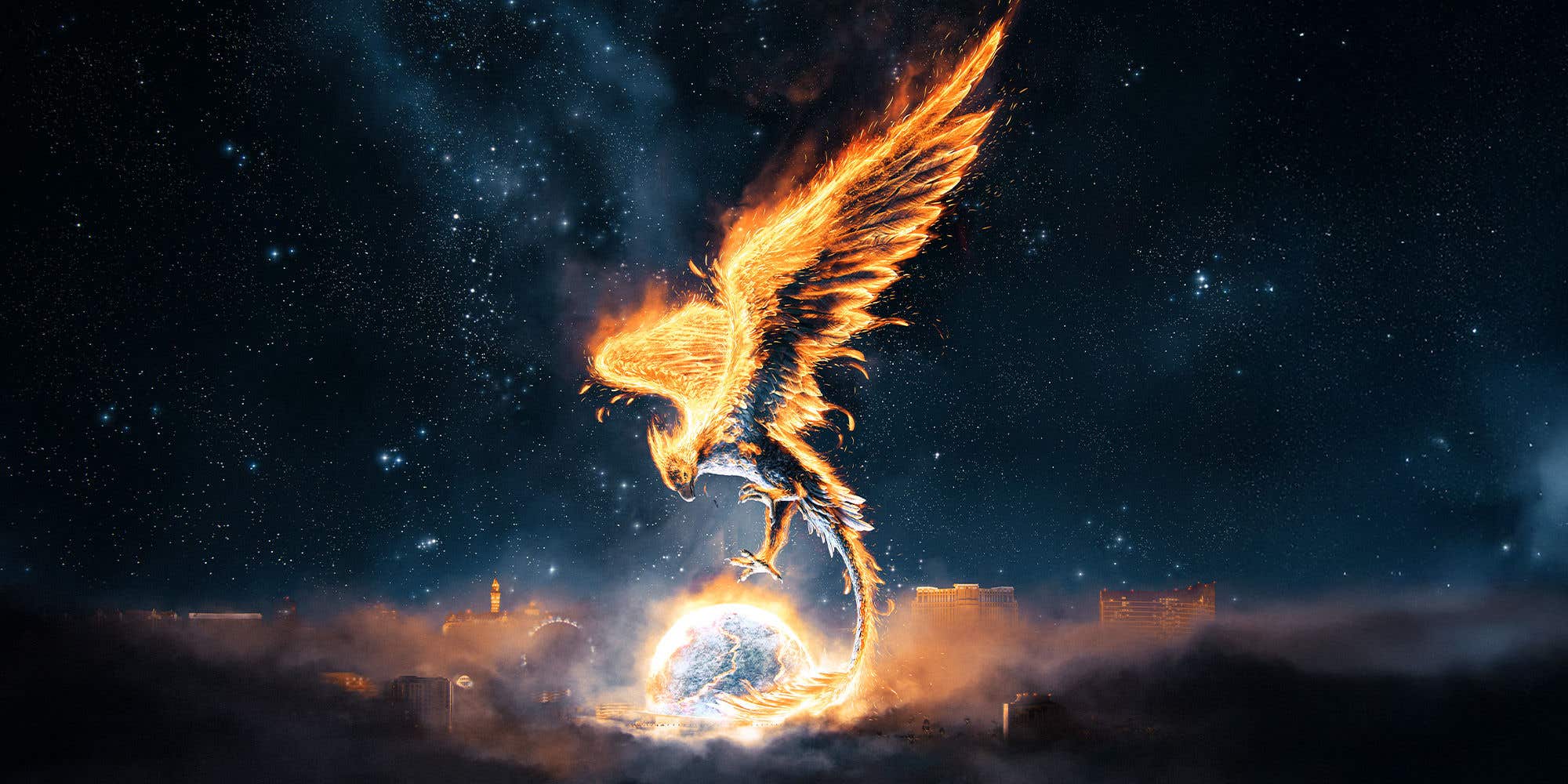 A flying, flaming bird atop the Las Vegas skyline and Sphere in the background.