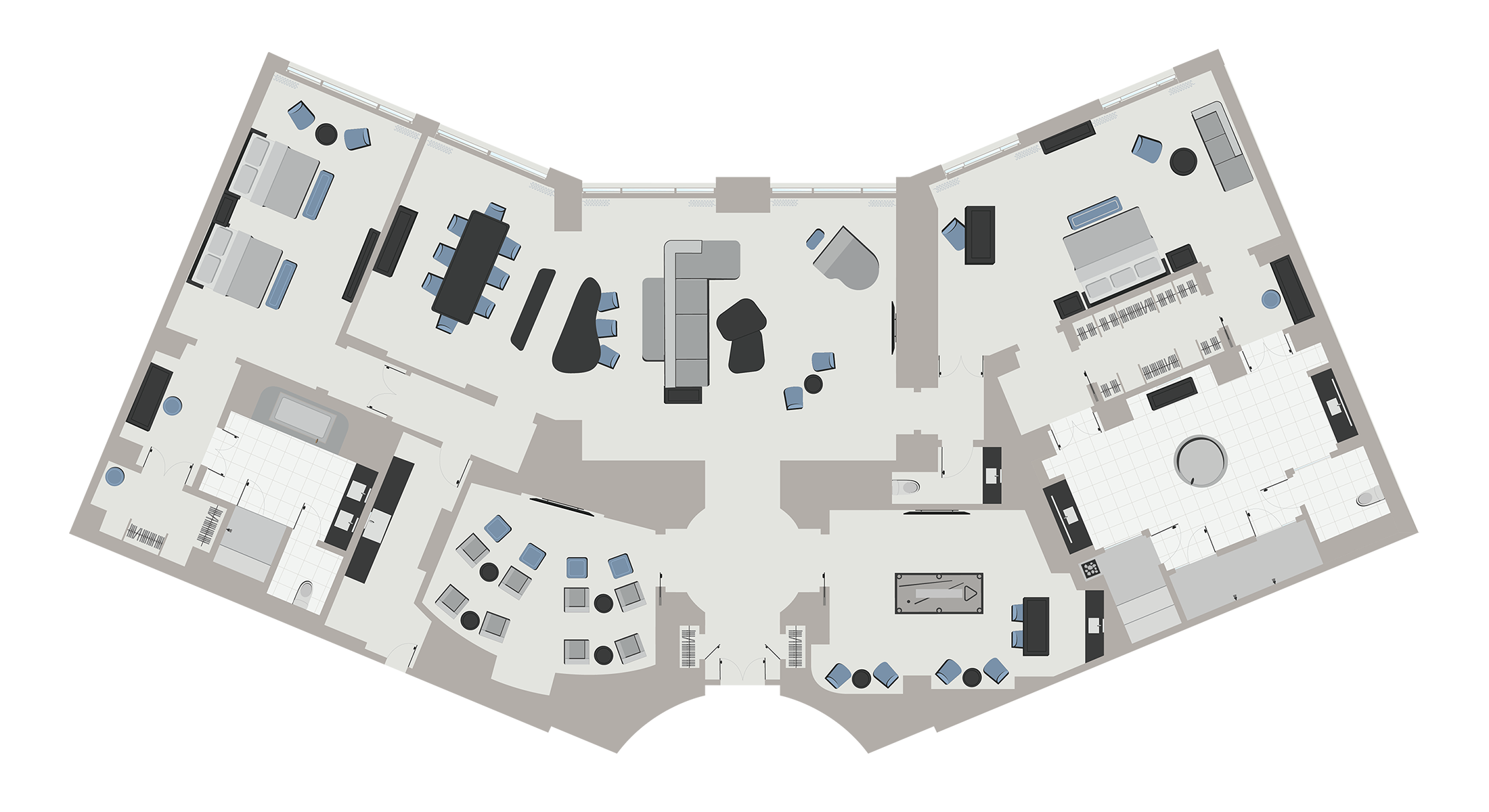 A hotel room floor plan graphic with two large bedrooms, a large living room, a billiard room, and a theater room.