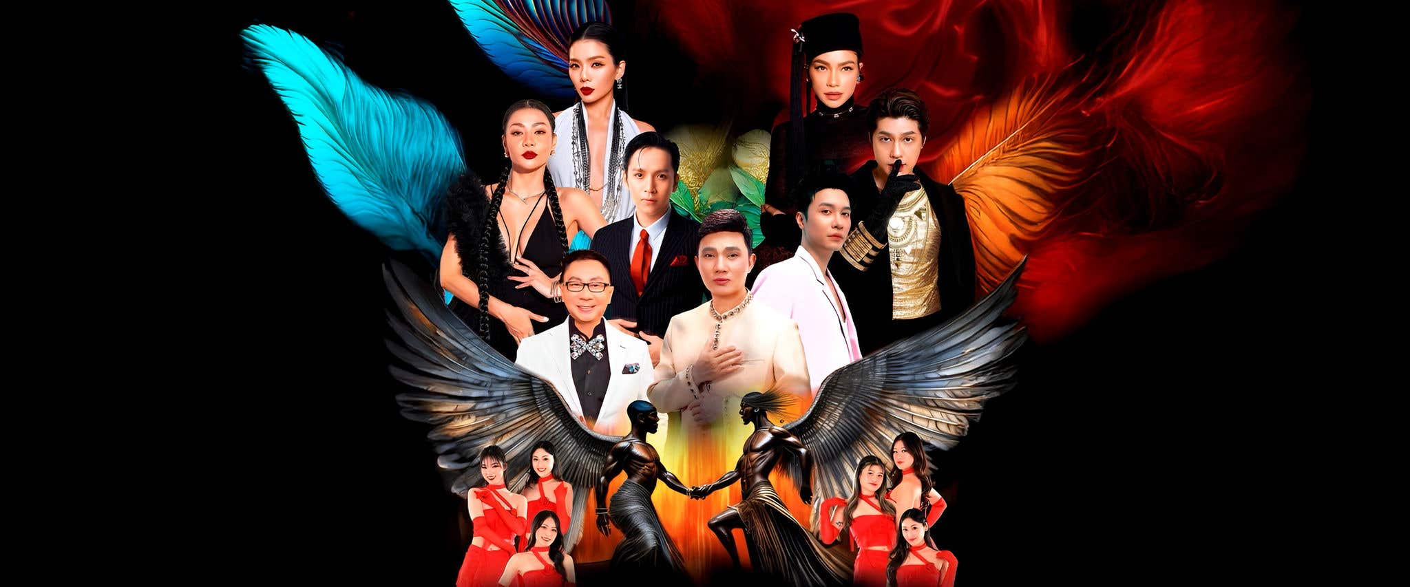 A variety of Vietnamese musical artists and performers with a colorful feather background. 