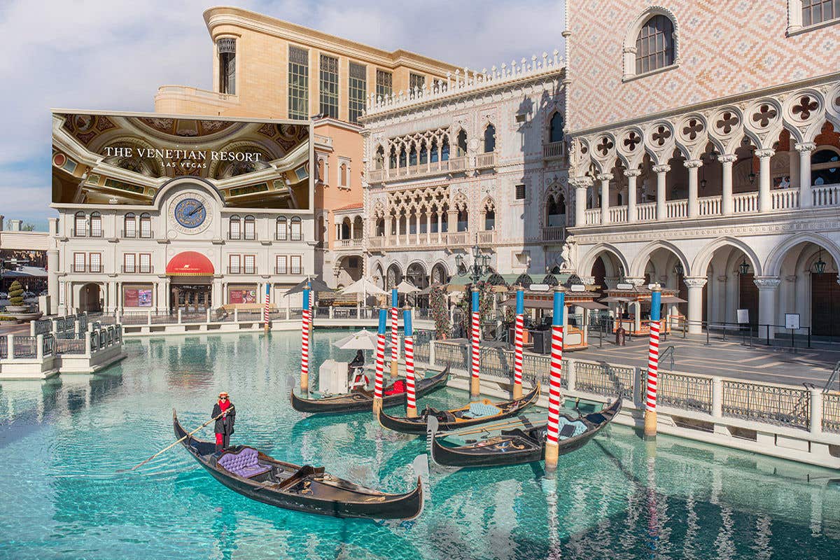 The outdoor gondolas in the canal in front of The Venetian Resort Las Vegas during the day.