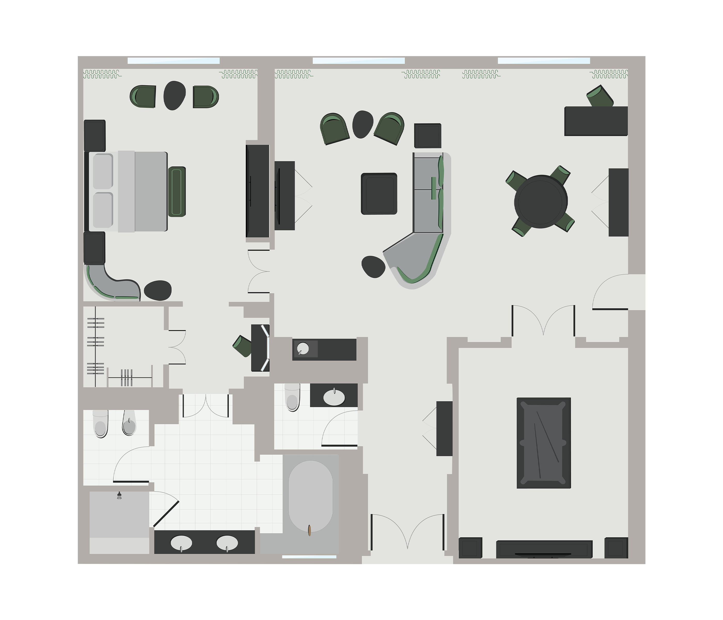 Floor plan graphic of a hotel room with a living room, one bedroom with a king bed attached to a walk-in closet and bathroom, and a billiard room with a pool table attached to the living room.