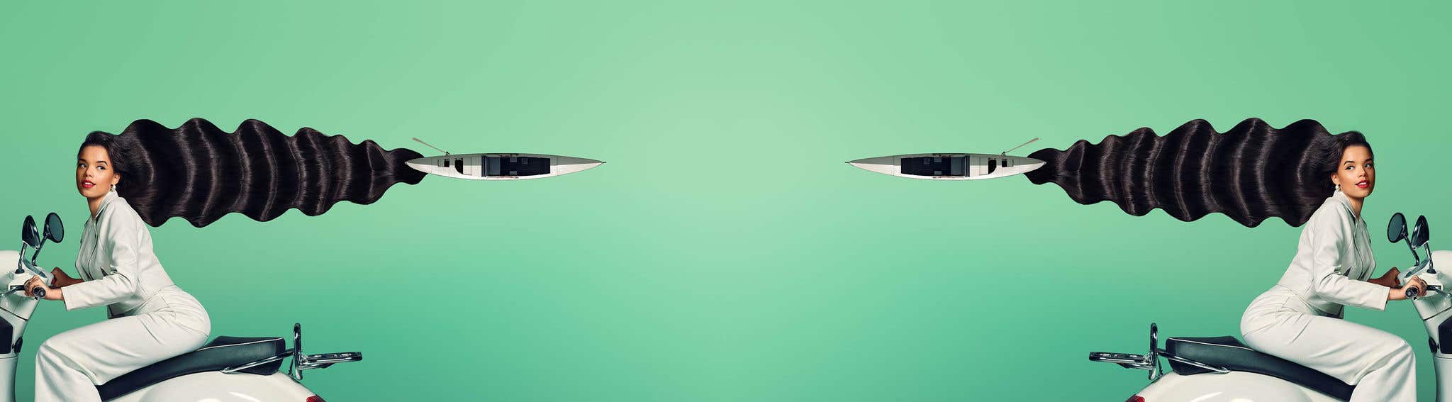 An abstract mirrored graphic containing a white scooter with a lady in a white outfit on it, with her black hair blowing in the wind, forming ripples created by a white gondola, all against a light green background